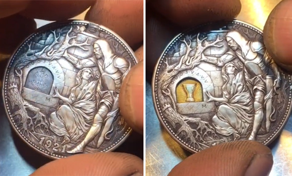 聖杯伝説！？鎧の騎士が持つ剣を抜いて別の場所に差し込むと..ロシアの彫刻師が手掛けた仕掛けコインがすごい！