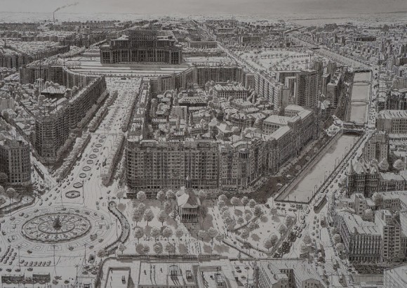 記憶を頼りに都市の俯瞰図をペン画で描いた「世界都市景観図」
