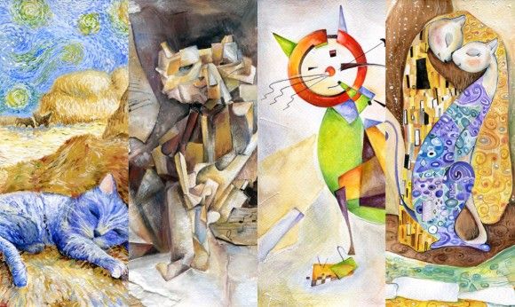 画風が変われば猫も変わる。ゴッホ風・ピカソ風・日本画風など、猫を有名画家の画風で表現したイラストアート