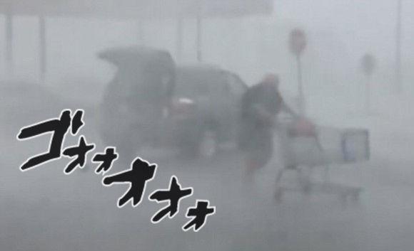 雨にも負けず風にも負けず。暴風雨の中、律儀にショッピングカートをカート置き場に戻すおばあさんの姿