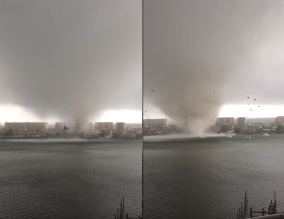 ジリジリ竜巻が接近。建物を吹き飛ばし海水を巻き上げなら目前に迫ってくる衝撃映像（アメリカ）