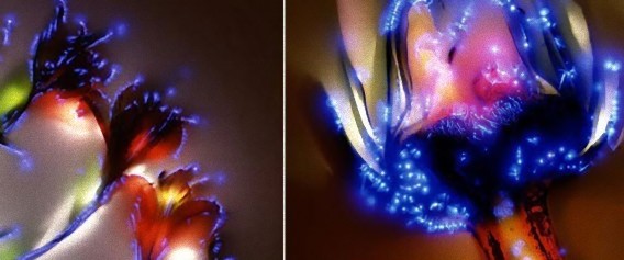 植物に電圧を掛けて発生させたコロナ放電による発光現象を撮影した「キルリアン写真」