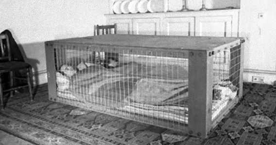 第二次世界大戦中、ドイツのV-1ミサイルから身を守る為に使用されていた鉄格子ベッド（英）