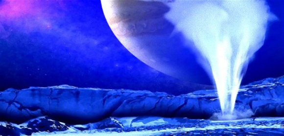 何かいるかも！衛星エウロパの氷の地表から水が大噴出しているところが観測される（NASA)