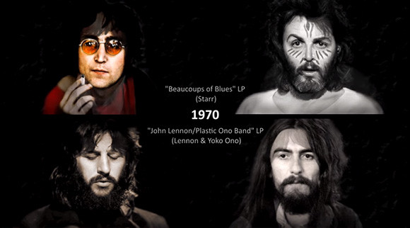 ビートルズのメンバーたちの経年変化をその当時のヒット曲に合わせてモーフィングした映像（1960-2017 ）
