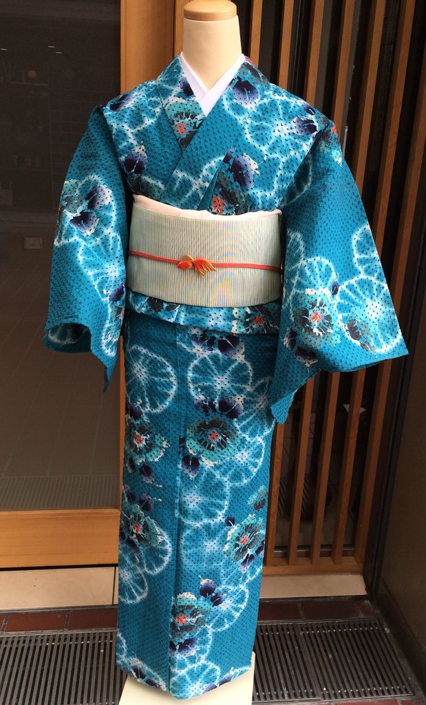 孔雀青色絞り浴衣と無地絽綴名古屋帯 : きもの な か む ら