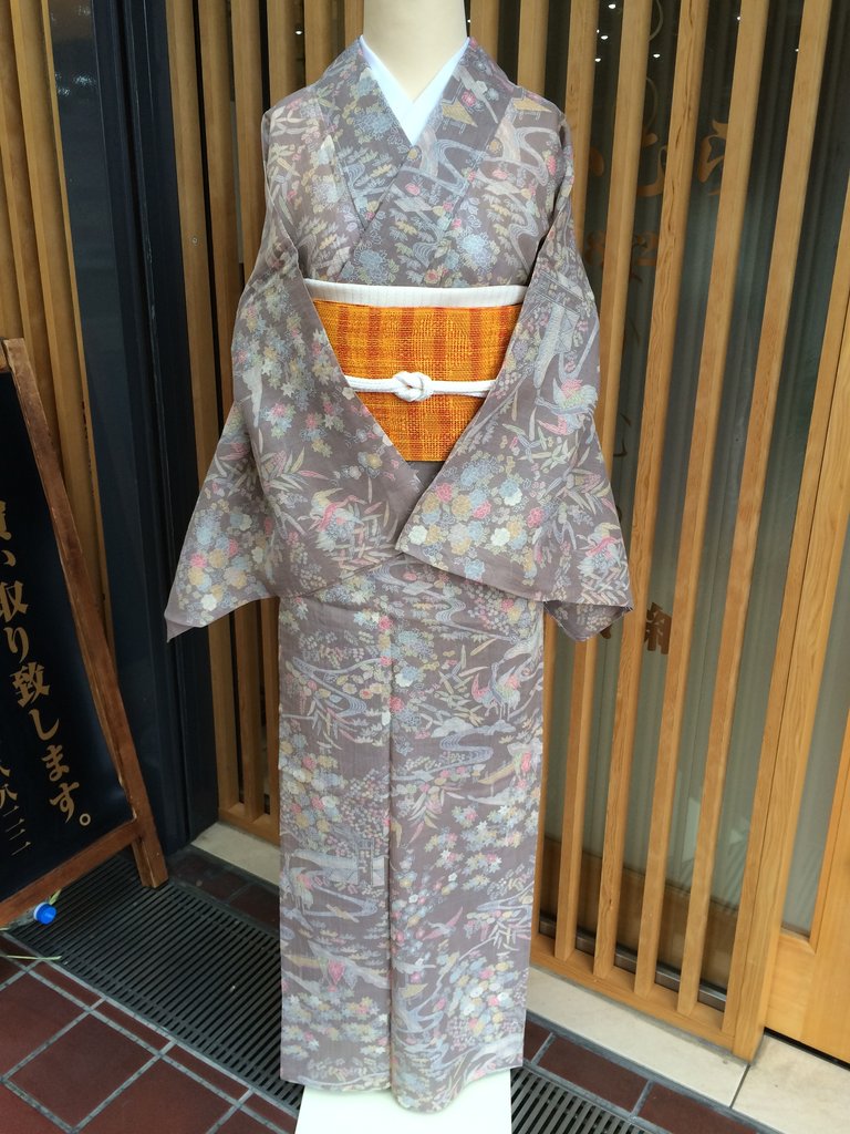 小紋柄小千谷縮と羅オレンジ帯 : きもの な か む ら