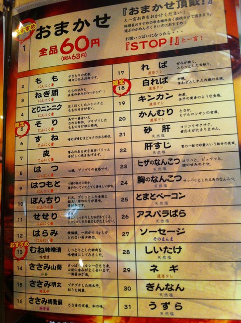 メニュー。やきとりの種類。