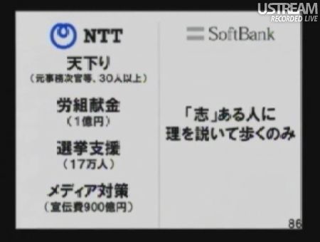 NTT 天下り、労組献金、選挙支援、メディア対策 ソフトバンク「志」ある人に理を説いて歩くのみ 民主党「情報通信議員連盟」総会でのSB孫正義社長講演81