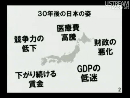 30年後の日本の姿、競争力の低下・医療費の好投・財政の悪化・下がり続ける賃金・GDPの低迷 民主党「情報通信議員連盟」総会でのSB孫正義社長講演01