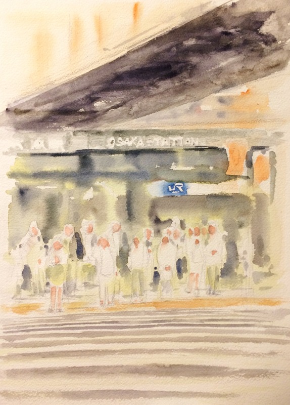 15透明水彩画「大阪の風景(JR大阪駅前)」途中1