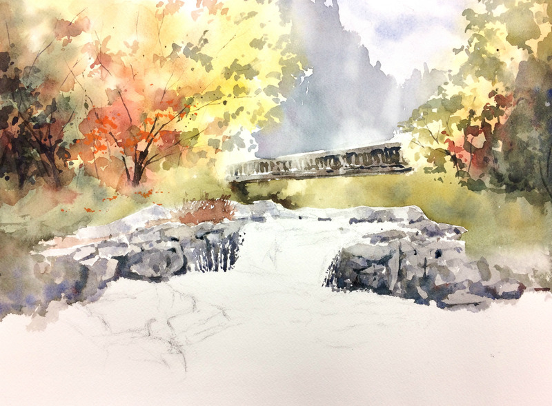 透明水彩画「観音の滝(佐賀県唐津市七山)」途中 (3)
