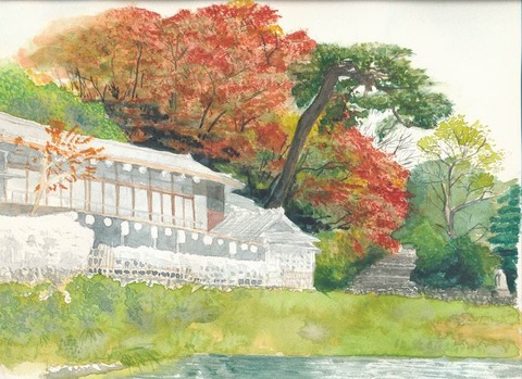 作品「嵐山の船着場界隈」の着彩を途中まで仕上げました。
