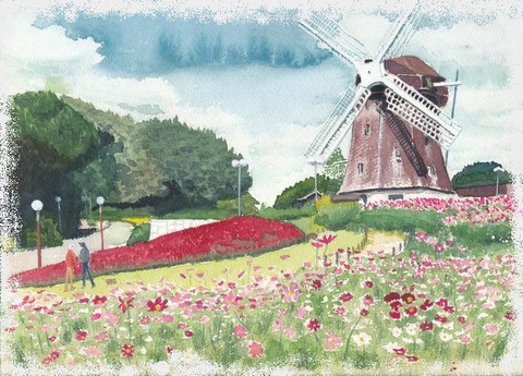 透明水彩画作品「鶴見緑地公園にて」