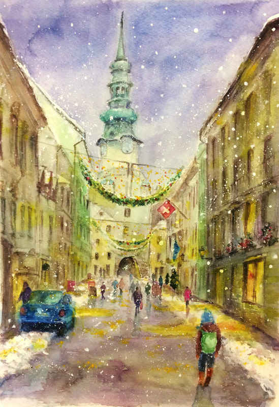 27OYさん透明水彩画「プラチスラバの風景(仮題)」