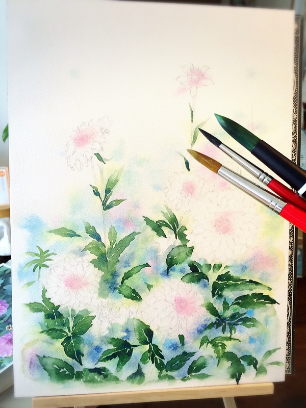 透明水彩画「野花」と共に お久しぶりです。
