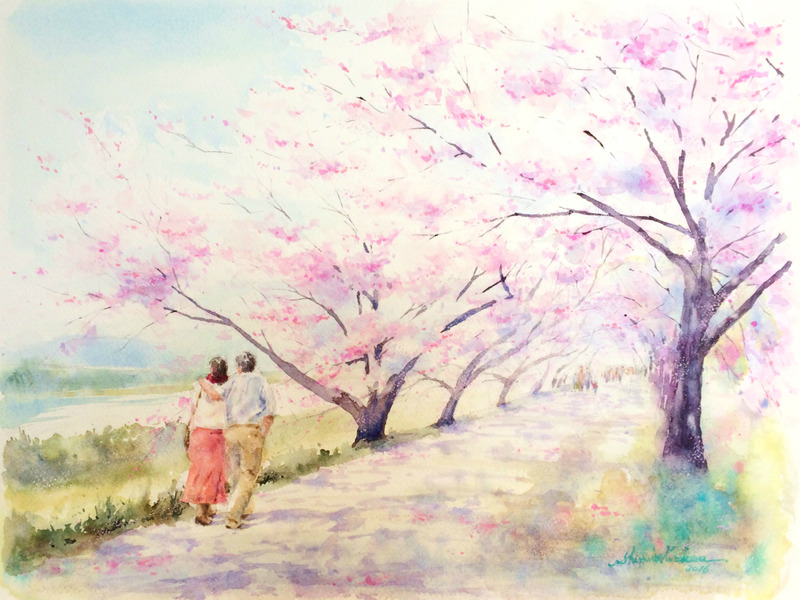 透明水彩画「桜の頃（八幡市 背割提）」 : 水彩的生活KUROKAWAの