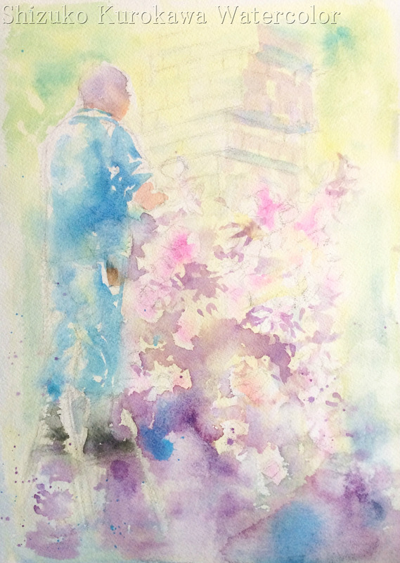 透明水彩画「大阪の風景(中之島公園 薔薇園)途中