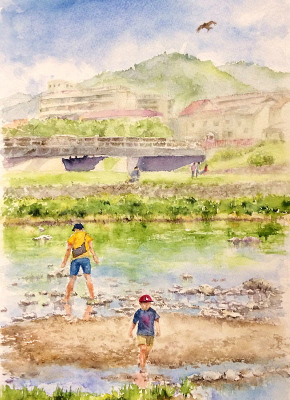 07OYさん透明水彩画「鴨川の風景 出町柳辺り(仮題)」