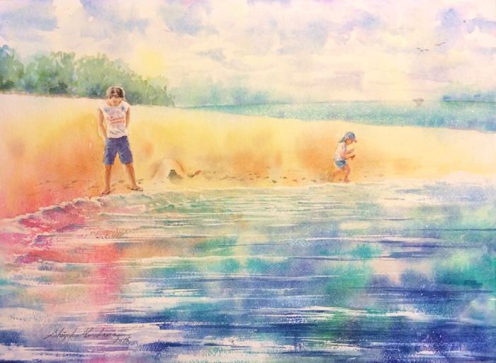 透明水彩画「波遊び」(空想)