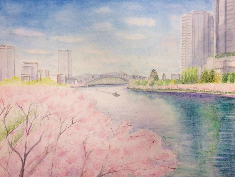 16H水彩画作品「大阪 春の大川(仮題)」