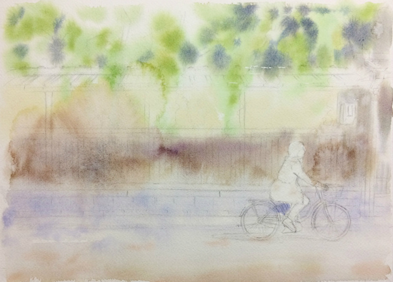 2016-7透明水彩画「風そよぐ 京都伏見」途中1small