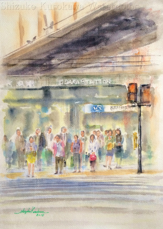 15透明水彩画「大阪の風景(JR大阪駅前)」完成