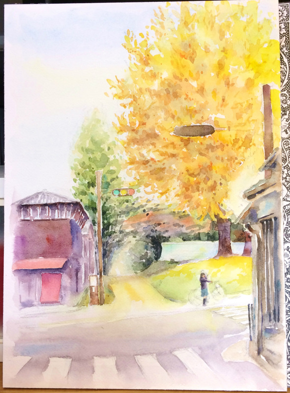 2016-1透明水彩画「帰り道 奈良北町」製作途中