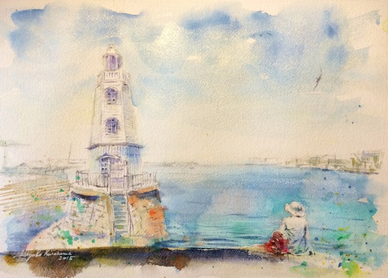 透明水彩画「大阪の風景(堺港)」完成