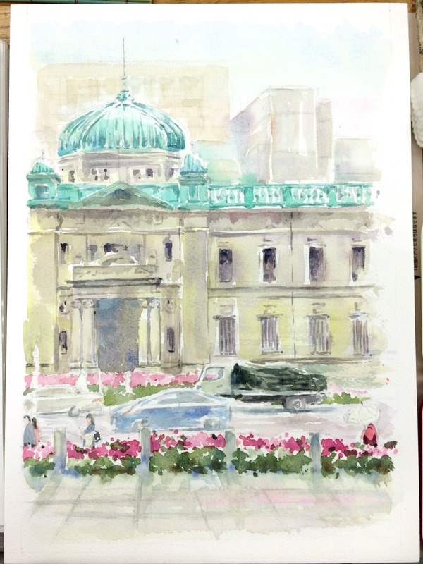 05透明水彩画「大阪の風景(淀屋橋 日銀)」3