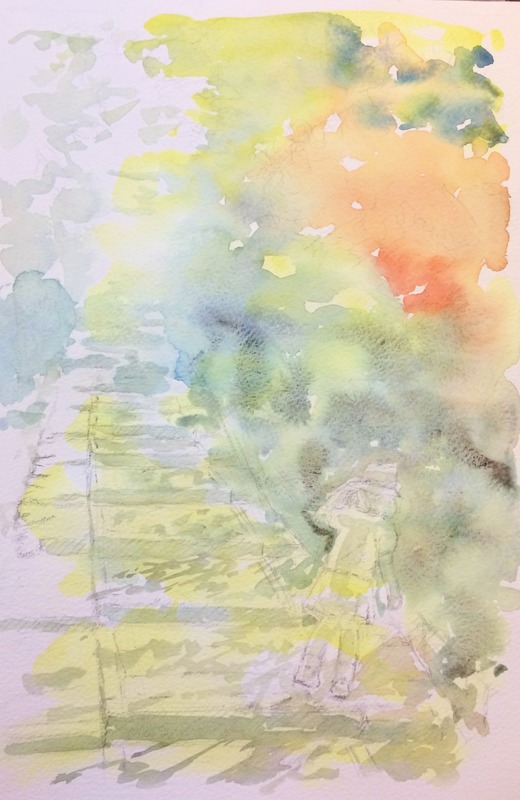 31透明水彩画「京都の風景(台所坂)」途中1
