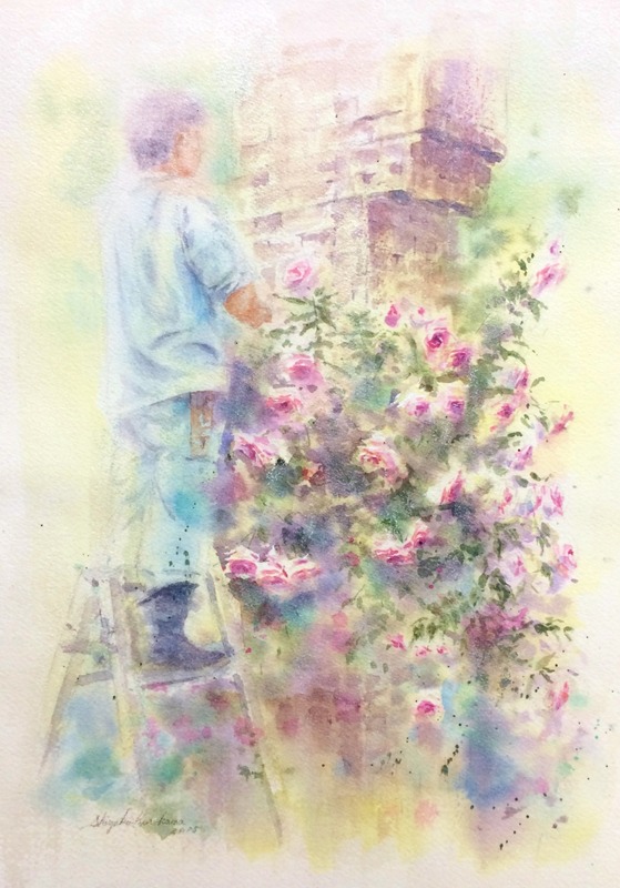 透明水彩画「大阪の風景(中之島公園の薔薇園)」完成