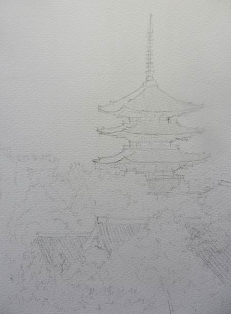 透明水彩画『奈良 興福寺 一番星』 (1)