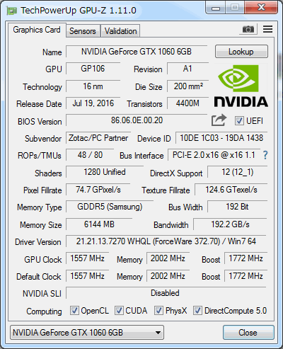 ZOTAC GeForce GTX 1060 6GB AMP Edition ZT-P10600B-10M