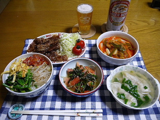 夕食 ビビンバ丼 カルビ焼肉 トッポギ The Last Sasurai 自炊ニストの食卓