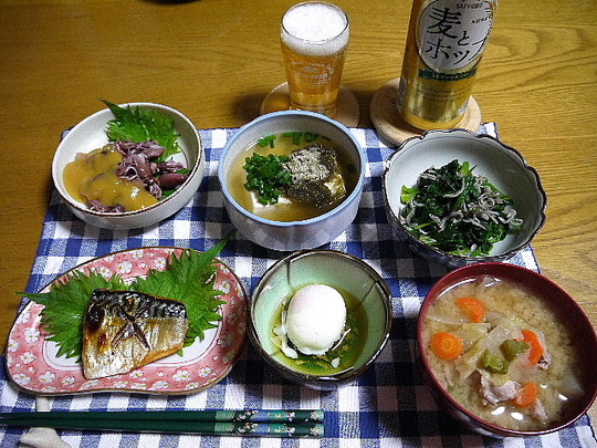 さばの塩焼き・ほたるいかの酢味噌和え・湯豆腐・ほうれん草おひたし・豚汁・温泉たまご・麦とホップ