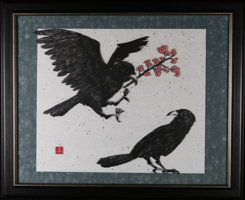 鴉と桜 額装