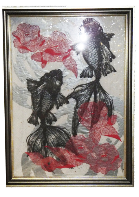 金魚と椿