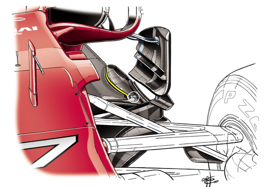 フェラーリSF70H:フロアの縦方向の切れ目に金属部品で補強