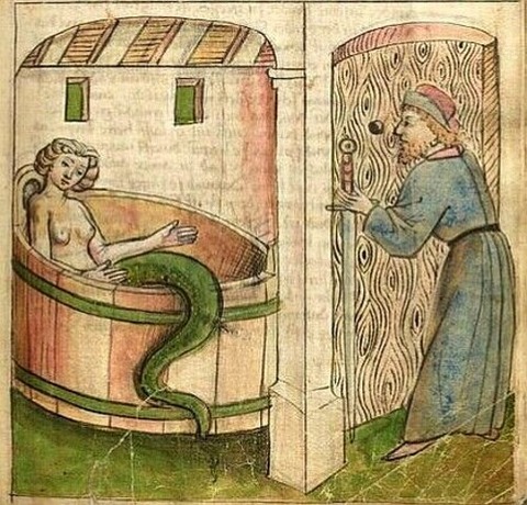Mélusine in her bath. Book of Hours of Duc de Berry 1392-3