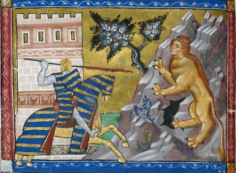 He fights the sphinx, from a manuscript of circa 1286