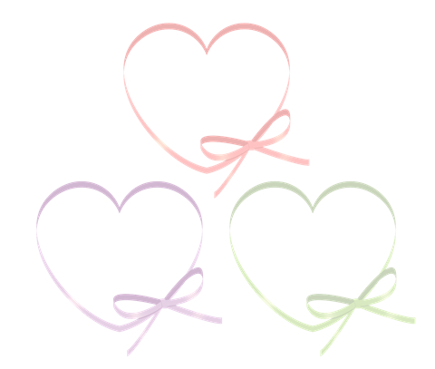 フリー素材右下にリボンが付いたハート枠　ピンクと緑、パープルの三色セット