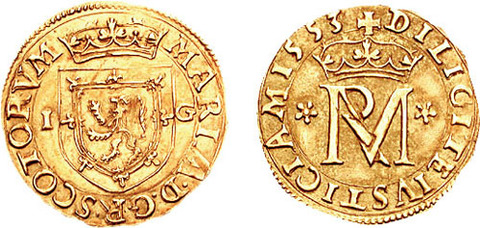 1553 obverse, coat of arms of Scotland; reverse, royal monogram