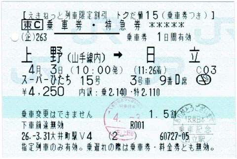 JR東日本　常磐線　さよなら　スーパーひたち号　フレッシュひたち号　記念入場券 JR東日本、常磐特急『スーパー』『フレッシュ』さよなら切符を発売