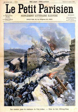 「旅順での(ロシア軍の)最後の抵抗−二百三高地の奪還」=1905年1月15日付=日本軍は1904年12月28日、重砲隊による砲撃に続く歩兵の突撃で二百三高地の一部を占領したが、ロシア軍の最後の抵抗にあって撤退。2日後の30日には乃木希典大将率いる第三軍第七師団を投入して再奪還した