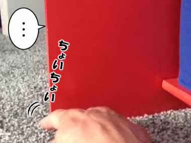 ネコが棚の陰に隠れていた。飼い主さんが指を少し出してみる→すると…