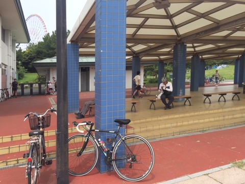 葛西臨海公園の中にある休憩スペース。東京湾が眺められる好スポットです。ロードバイク乗りの人達がここで交流を深めているようです。