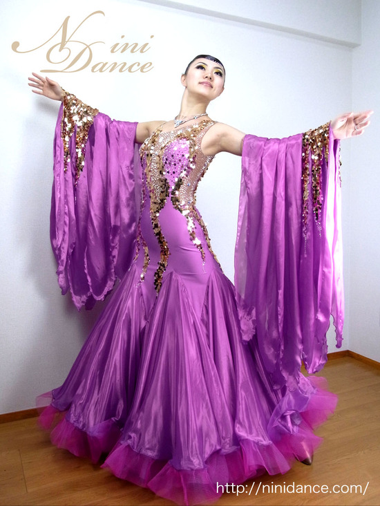 D049ゴールドスパンコールが際立つ紫モダンドレス : 社交ダンス 