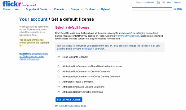 Flickrクリエイティブ・コモンズの設定画面
