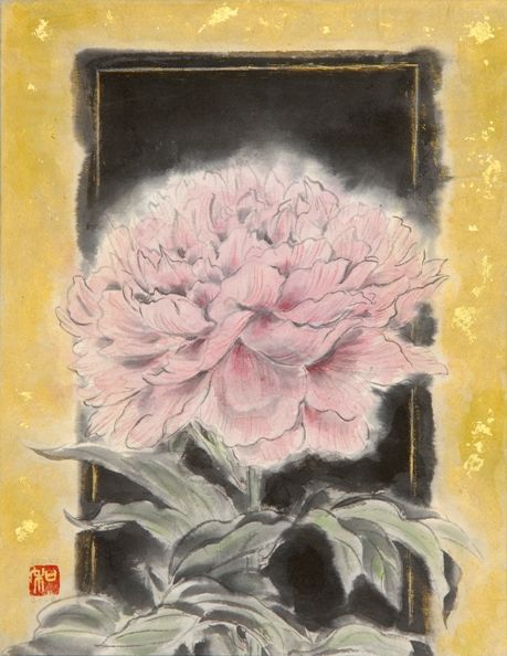 日本画芍薬(瑞花清香) 黒壷の紅芍薬 – アートレンタルSEITOH